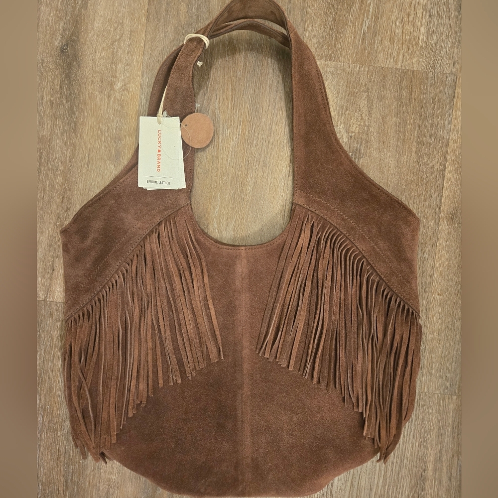 Lucky Brand Nyra Suede Fringe Hobo Tote Bag Brownie